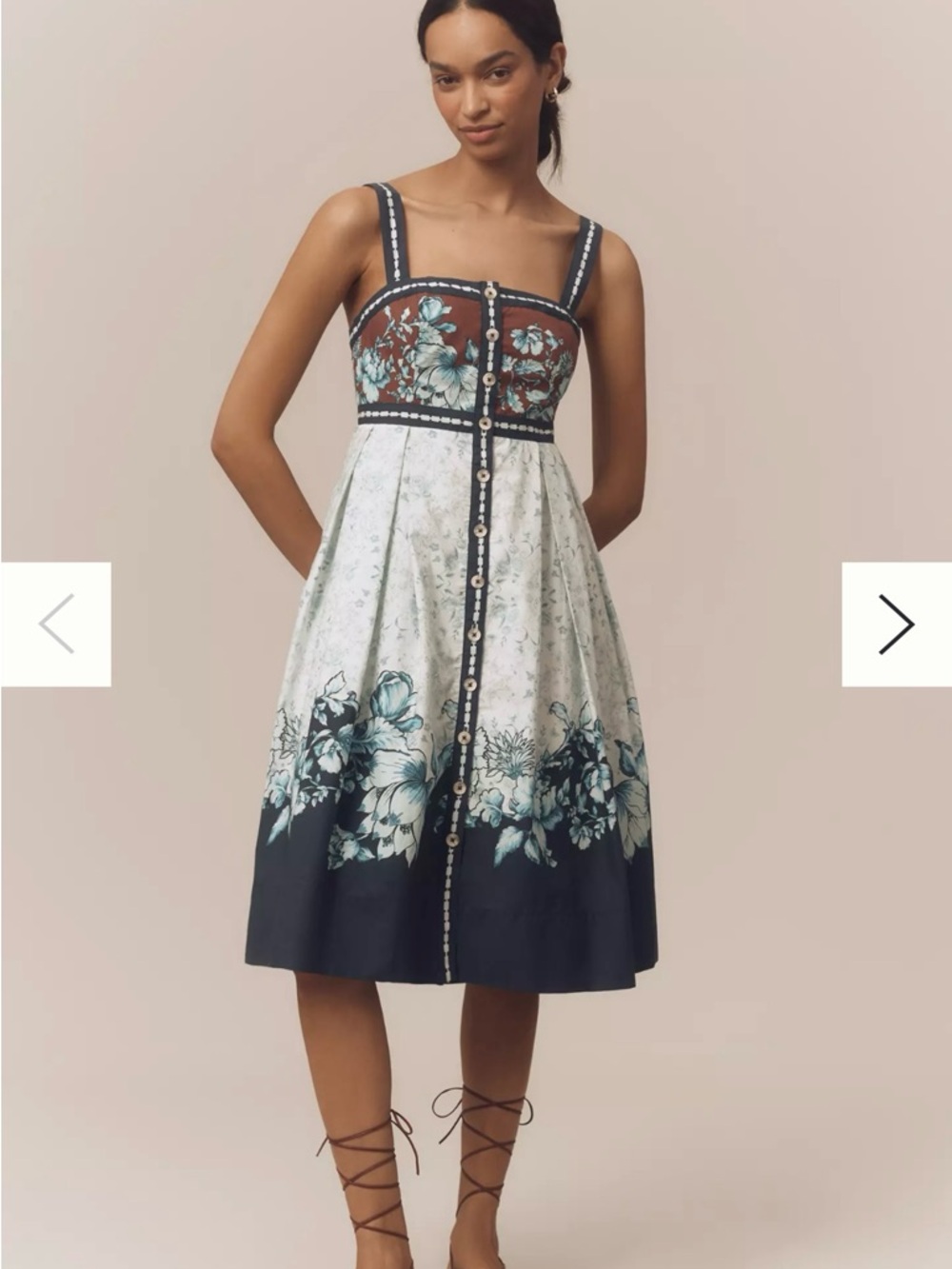 Anthropologie Navy, Teal and White Floral Button-Front Midi Dress